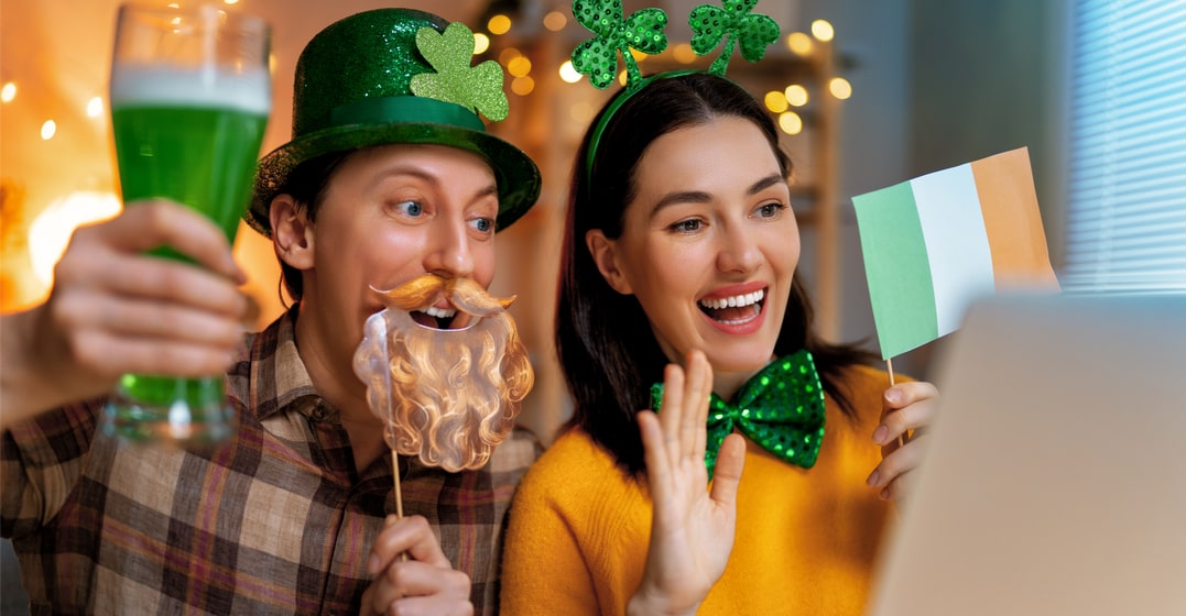 a couple celebrating saint patricks day online
