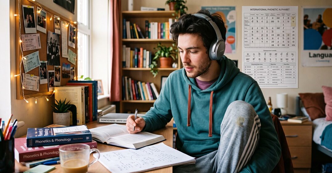 young man in his university dorm studying at his desk to prep for an exam on german verb conjugations
