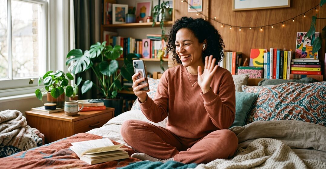 Young woman sitting on their bed, waving at someone that called them on the phone. They're saying hello in German to their friend.