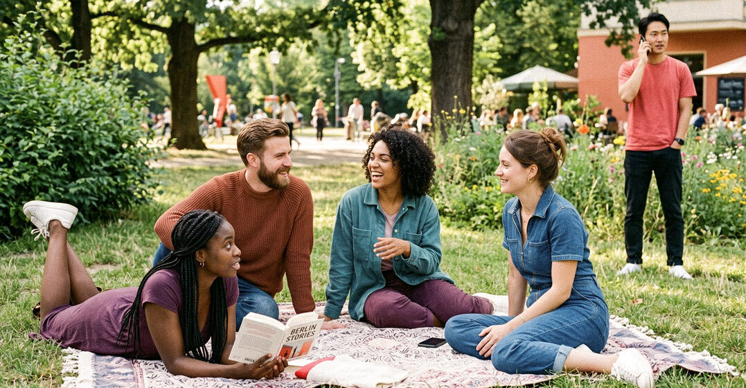 A group of friends having a picnic in a park. 4 of them sare sitting and chatting, while one stood up to take a phone call.