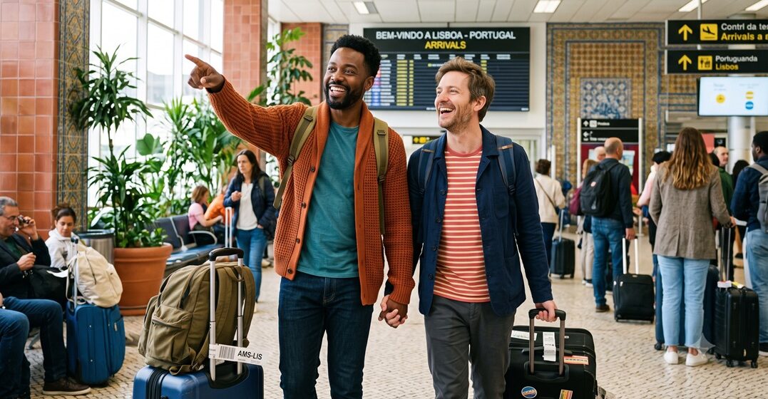 A queer couple walking out of the arrivals terminal ater moving to a new place. One of the men is pointing at something he's seen and finds curious