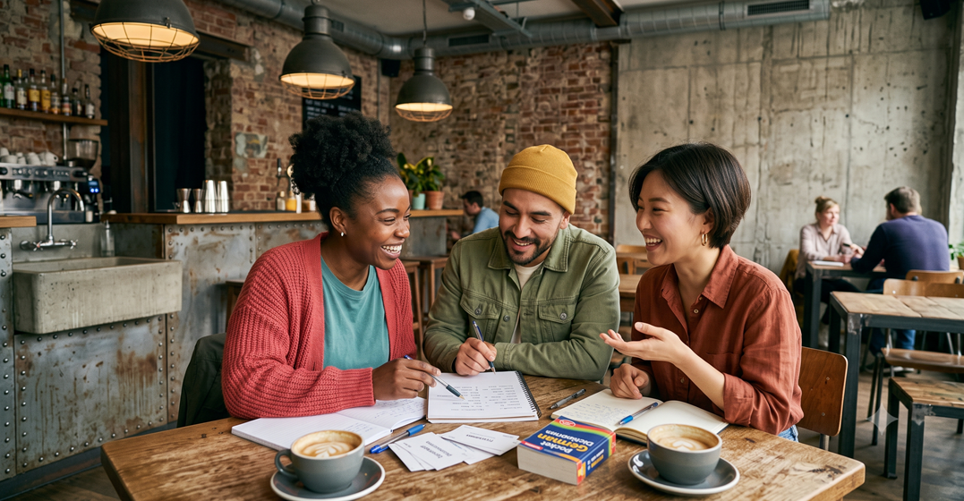 Three friends sitting together in a café chatting about the reasons to learn a new leanguage