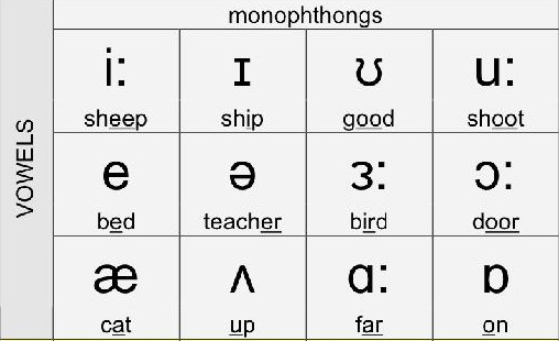 Взгляните на монофонги (гласные с одним звуком).