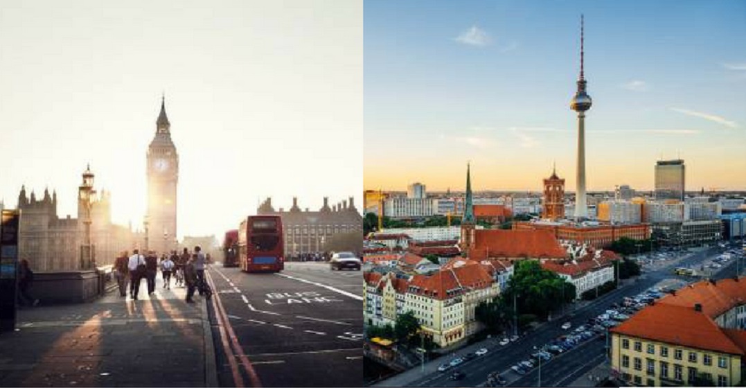 Die Skyline von London und Berlin als Repräsentation, wie sich Deutsch und Englisch ähneln