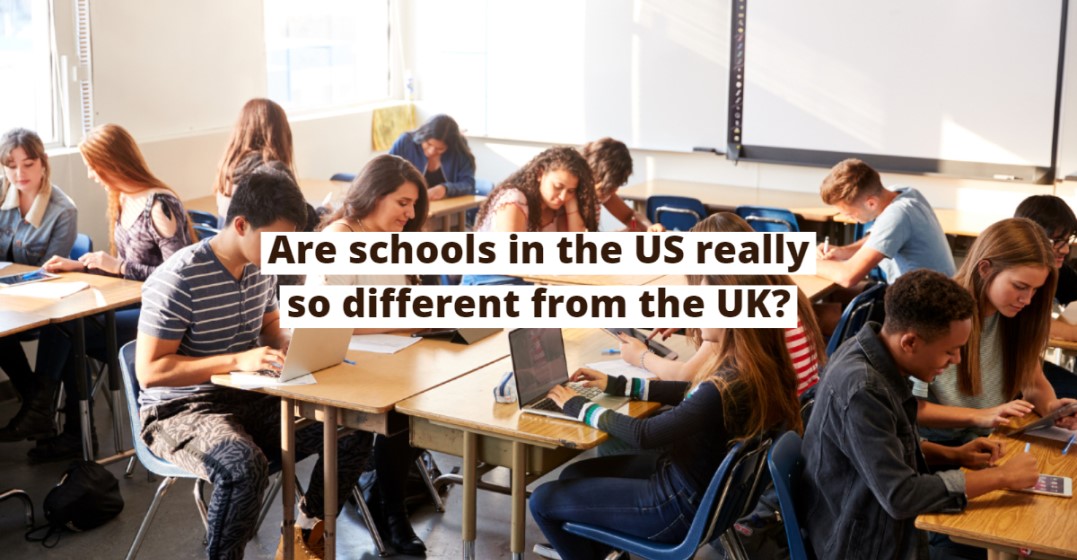 A classromm representing the school system in the UK vs. the US