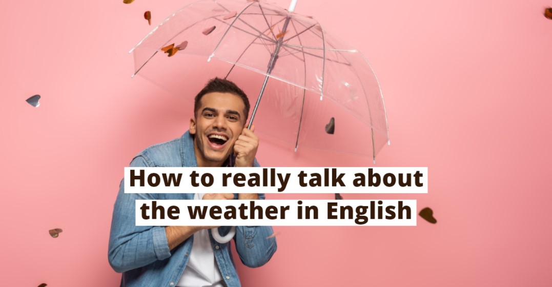 Happy man with an umbrella talking about the weather in English