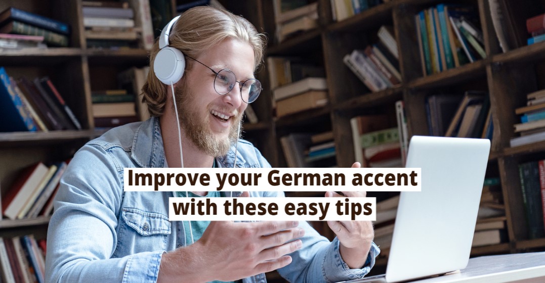 Young woman in front of a laptop is practising her German accent in an online class