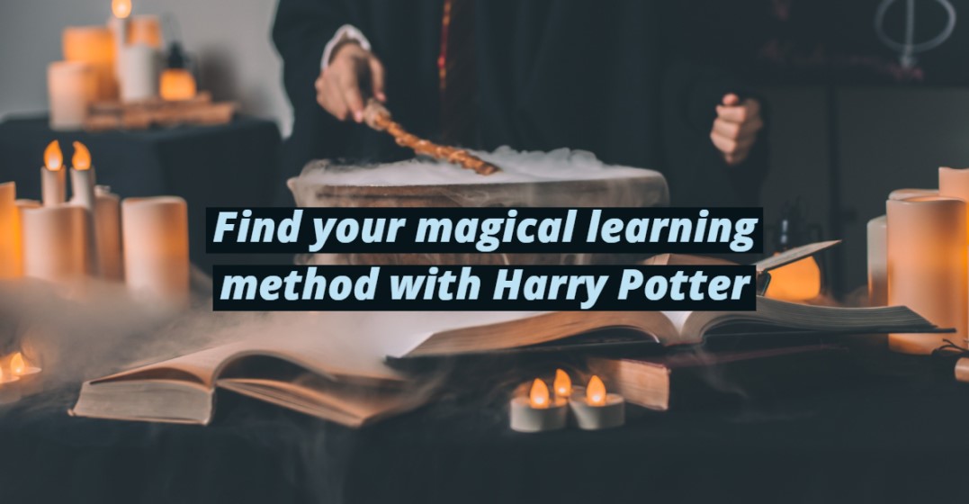 A wizard with a wand and books representing how Harry POtter can help you learn English