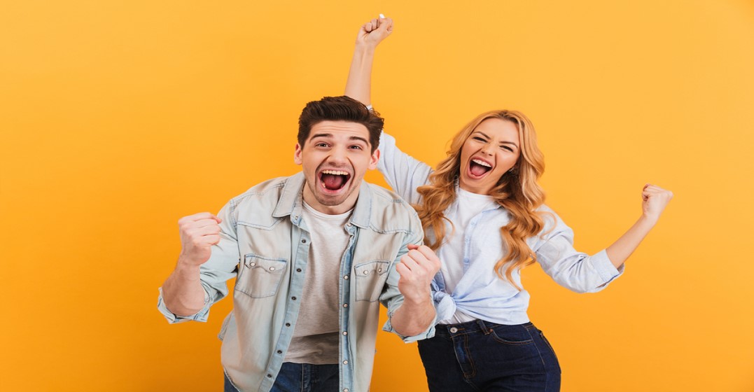 A cheerful man and women saying how they feel