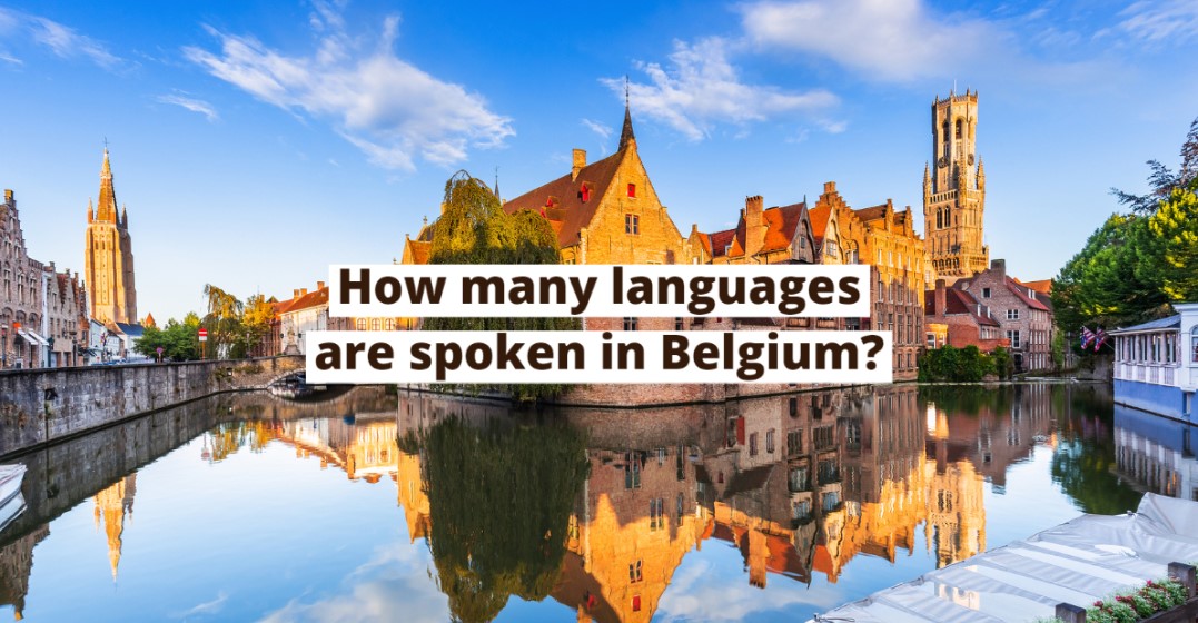 What languages are spoken in Belgium banner on image with Belgian house at a lake