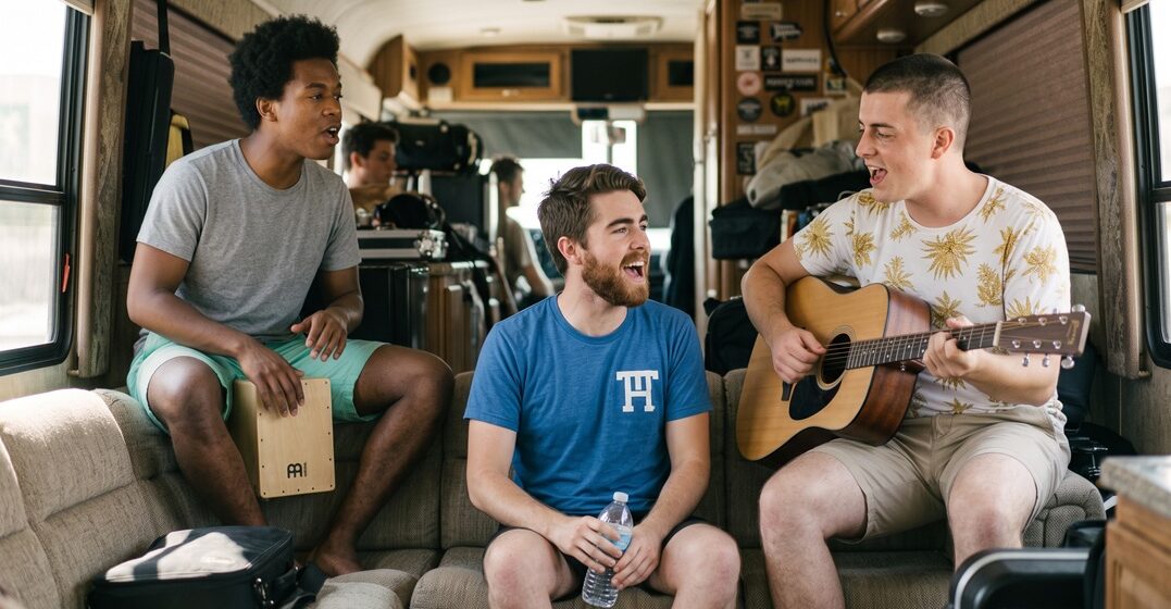 three friends on a tour bus, singing a song about german modal verbs. Each has a different instrument: a bottle of water, a guitar and a cajon