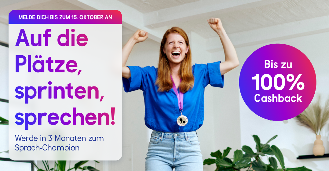 Lingoda Werbung, Frau auf einem Podium in Siegerpose