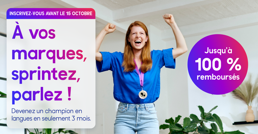 Lingoda branded image, woman on a podium in winner's pose