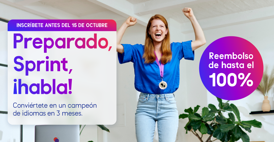 Lingoda branded image, woman on a podium in winner's pose