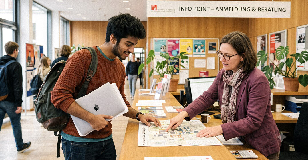 Young man getting informations as to how to get around the German university he's attending.