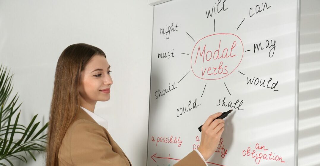Femme qui montre comment utiliser les verbes modaux anglais might may must
