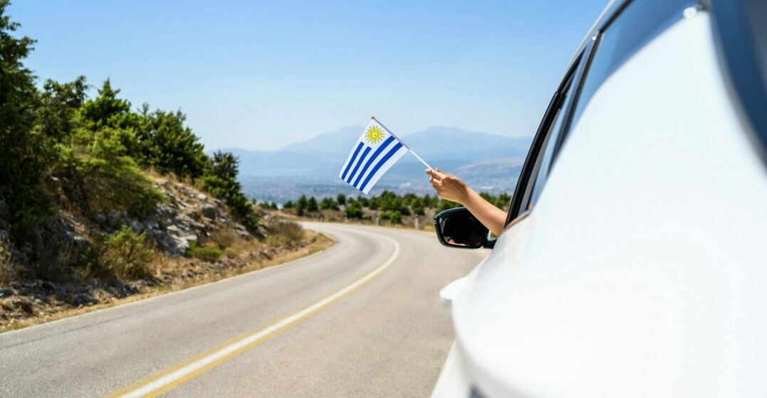 A hand waving a flag of Uruguay outside of a car representing languages of Uruguay