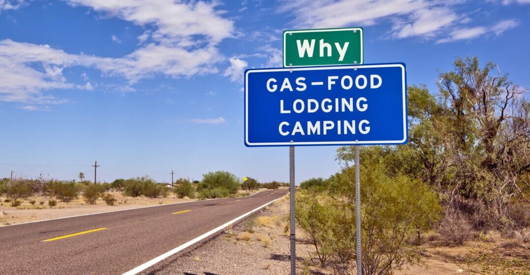 Road sign of Why, a funny city name in the US