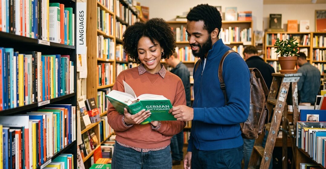 two friends in a book shop browsing the best german dictionary to buy