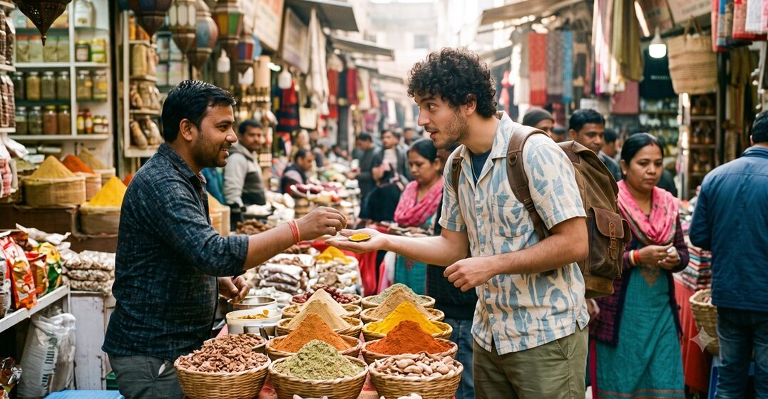 young man in an Asian market, smelling a spice he never used before.