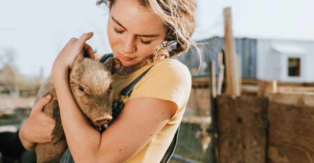 Young woman, holding a piglet and learning other about animals in Spanish: A list of the most common animal names, plus a few fun expressions