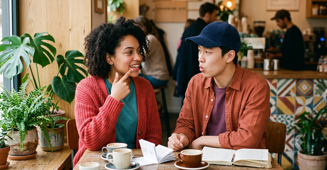 Two language learners sitting at a café practicing German pronunciation