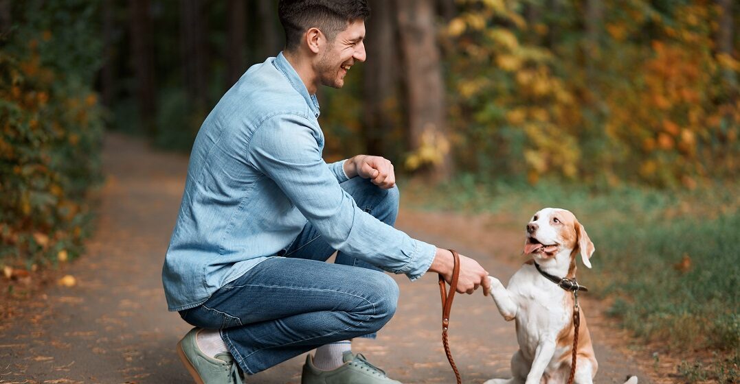 Man teaching his dog 22 different ways to say “Nice to meet you” in Spanish