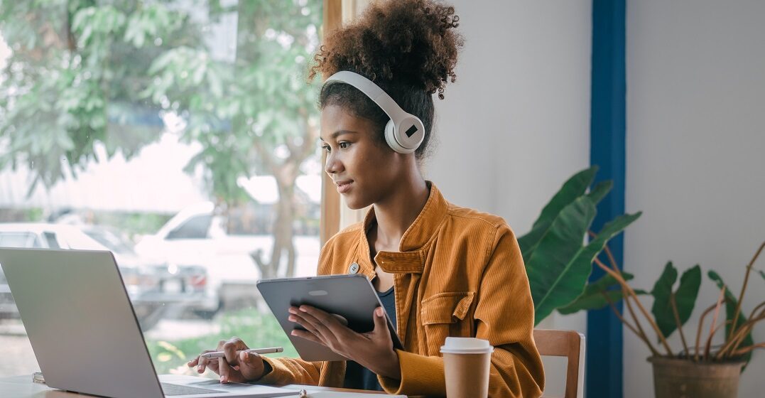 Using,Headphones.,Young,African,American,University,Foreign,Exchange,Students,Study