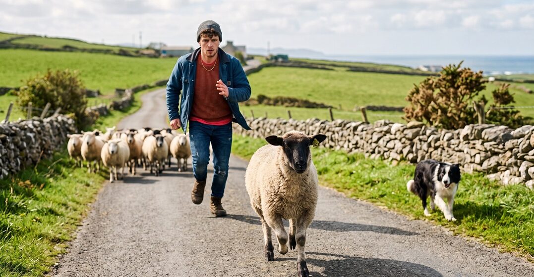 young sheperd running after a sheep that got away from its herd.