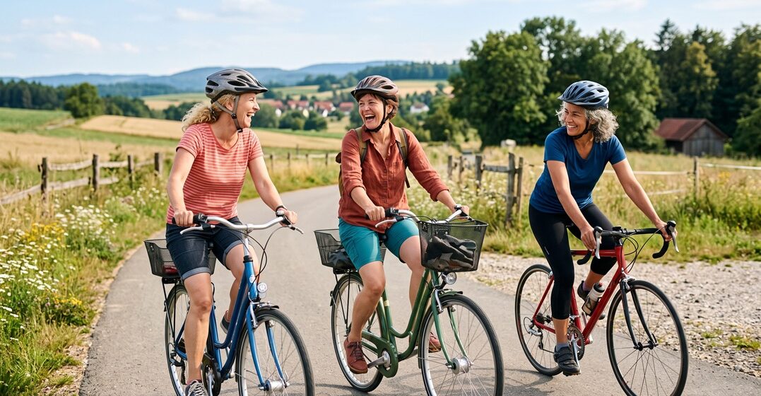 three woman on a german countryside road, riding their bikes and laighing with each other