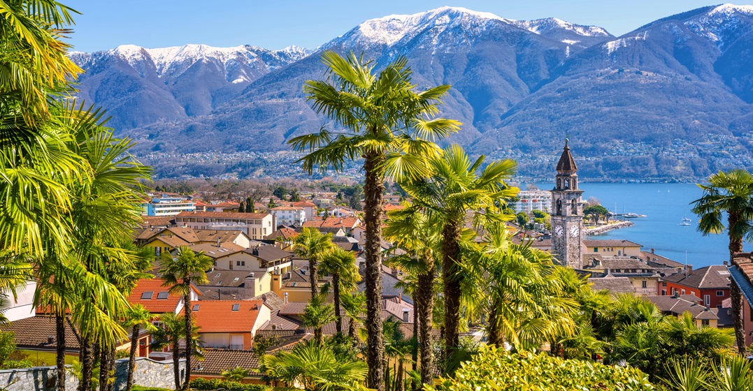 Palm trees and snow peaks of the Alps mountains in Ascona town on lake Lago Maggiore, the Italian part of Switzerland