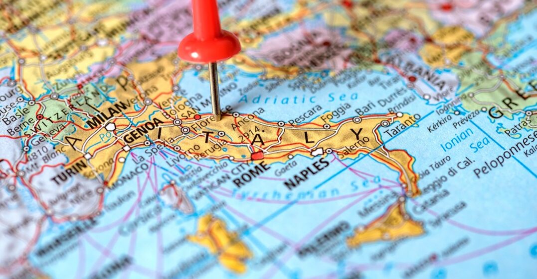 Push,Pin,On,The,Territory,Of,Italy,On,The,World