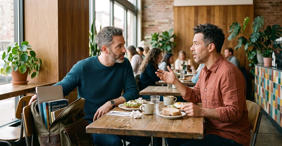a gay couple having brunch together and discussing some of the basic german words they just learnt in evening classes.