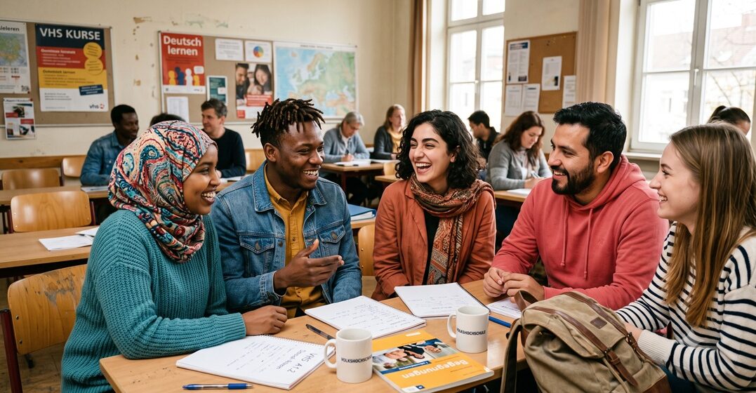 A group of young immigrants taking a class at the local VHS to learn German and improve on their level.