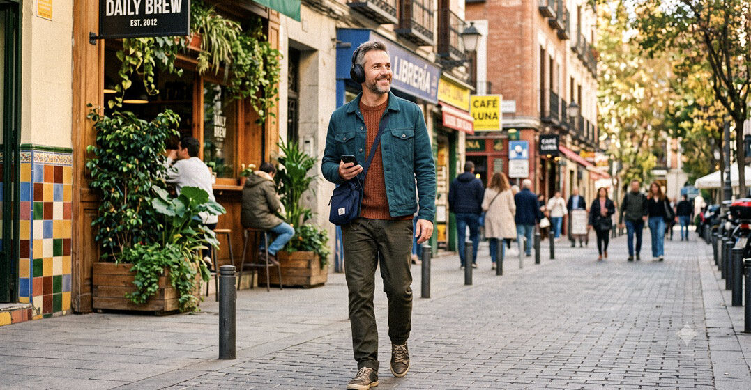Middle aged man strolling in the city listening to a podcast in Germany wondering how long does it take to learn it.