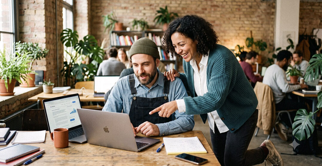 A couple of friends at a desk in a co-working space, checking online how hard is German to learn
