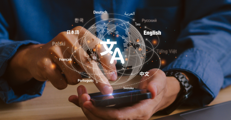Someone using a smartphone AI tool to translate text into different languages