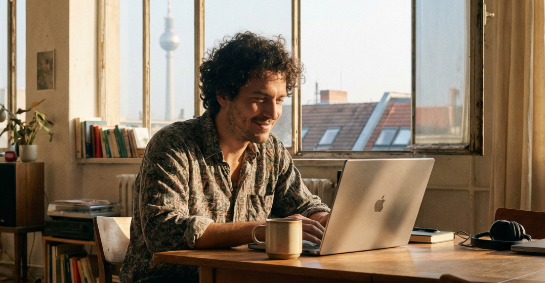 Ein Expats, der am Handy nach deutschen Wörtern googlet