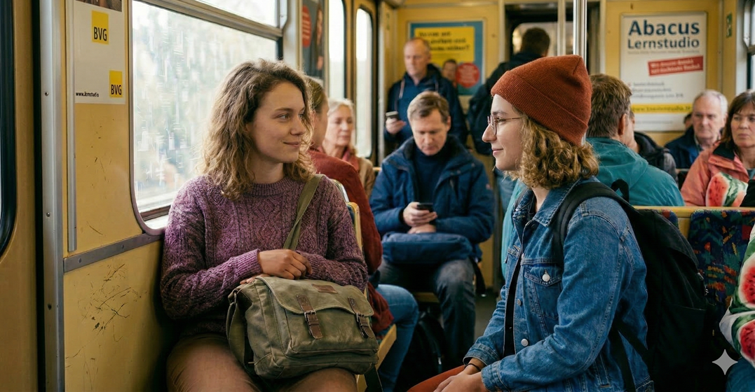 Two young women in a Berlin subway, one looking at the other, could be seen as the 