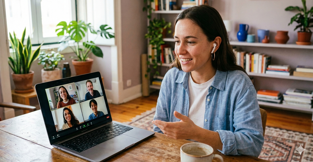 Young woman in front of her laptop taking a German class online