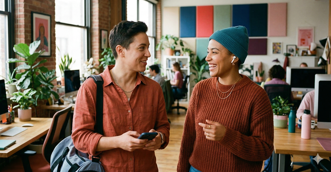 Two stlyish young people in an office, one saying a fruendly 