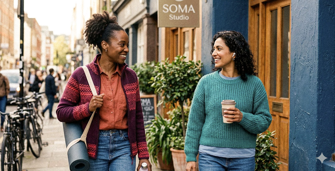 Two young women who got out of the yoga studio and just met each other and say nice to meet you in German