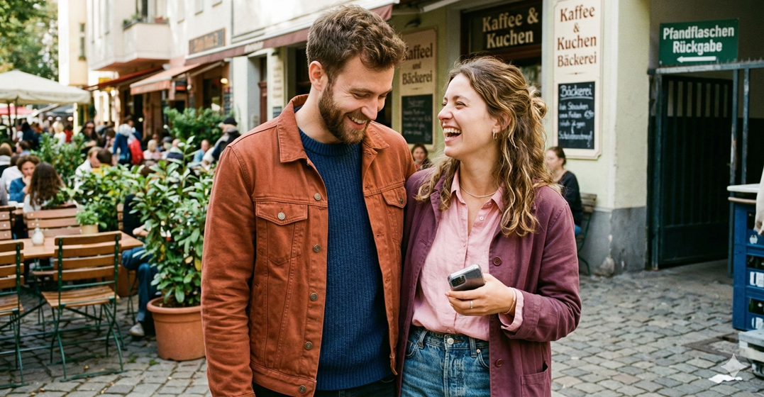 A laughing coupld standing in front of a bakery that says