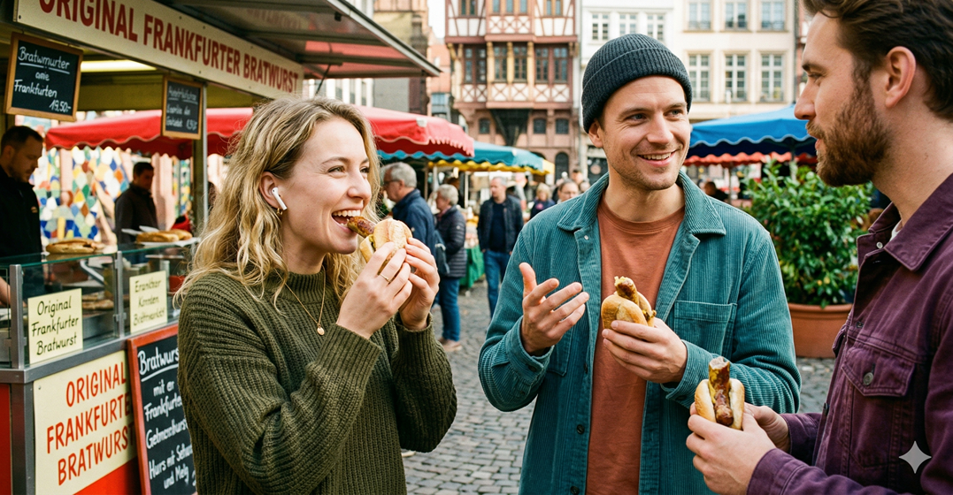 Three friends eating Bratwurst on a German market, typical for German culture