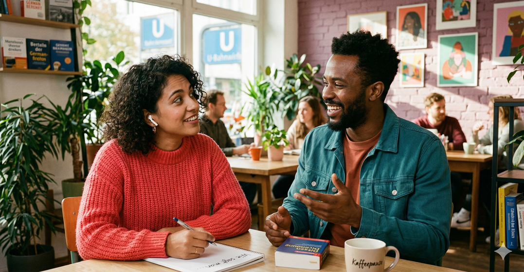 Womand and a man in the workplace chatting and using German idioms