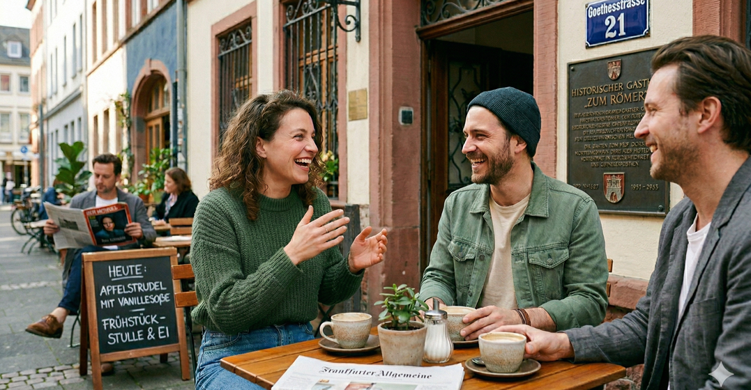 German people sitting outside a bar chatting in Frankfurt