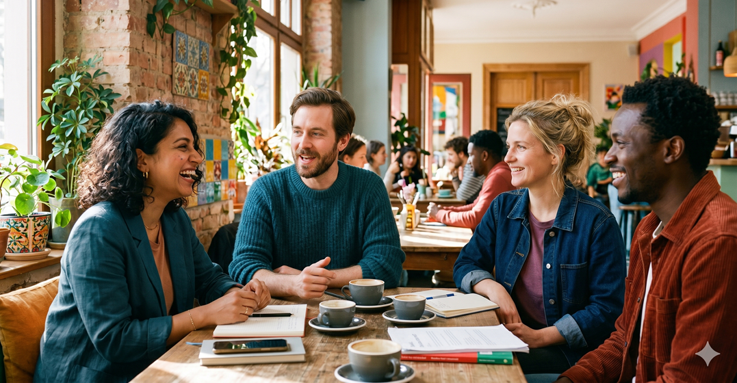 Four colleagues having a chat over coffee, representing the German social life