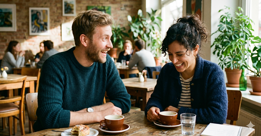 Man and woman in a café laughing and trying to understand German humor