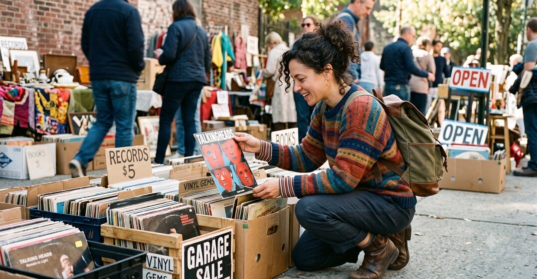 Young artsy girl, kneeling down at a garage sale checking some vynils.