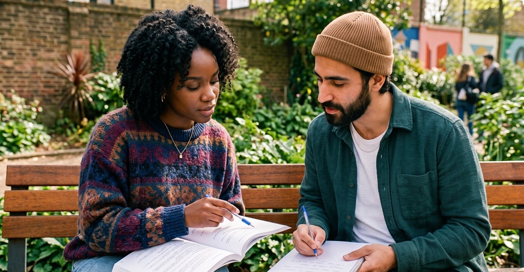 A man and a woman sitting on a bench with workbooks stuying the German accusative case